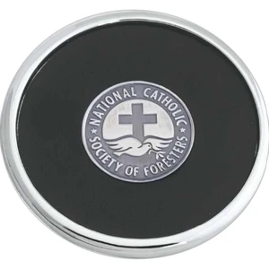 Chrome Plated Zinc Coaster With 1 1/2" Die Struck Emblem And Black Leather Insert