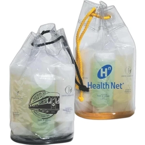 Clear Vinyl Drawstring Amenity Bag With Contrasting Colored Drawstring And Base