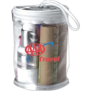 Cosmetic Or Amenity Zippered Tote Made From Clear Vinyl With White Trim
