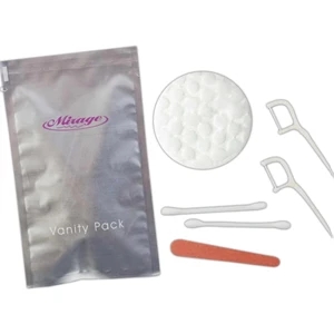Packaged Vanity Kit Containing Dental Floss Picks, Nail File, Cotton Balls And More