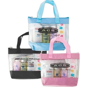 Mini Vinyl Tote Bag With Lotion, Powder, Shampoo, Two Wipes And One Medium Diaper