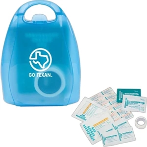 First Aid Kit Container. Includes 5 Standard Bandages, 4 Alcohol Pads And Gauze Pad