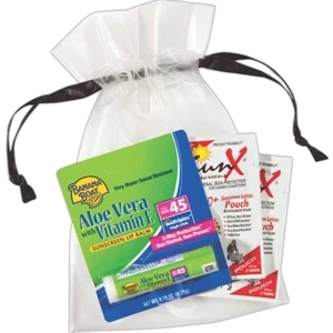 Frosted Eva Bag With Ribbon, Contains Lip Balm And Sunblock Lotion Pouches