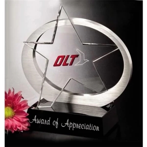Metallic Gallery Exposure - Award Made Of Aluminum And Crystal On A Black Glass Base, 4 3/4"w X 7"h X 2 3/4"d