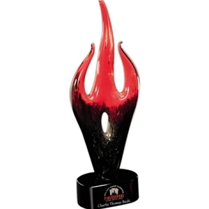 Art Glass Gallery Red Flame - Art Glass Award On A Black Glass Base, 6" X 16" X 3"
