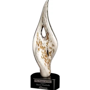 Art Glass Gallery White Swirl - Art Glass Award On A Black Glass Base, 4 3/4" X 15" X 3"