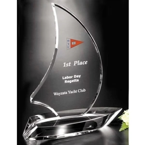 Sailboat Pristine Gallery - 7" X 8" X 2" - Sailboat Shaped Award Made Of Optical Crystal