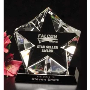 Penta Star Star Gallery - 4" X 4 1/2" X 2 1/4" - Star Award Made Of Optical Crystal On A Black Glass Base