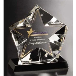 Penta Star Star Gallery - 5" X 5 1/2" X 2 1/4" - Star Award Made Of Optical Crystal On A Black Glass Base