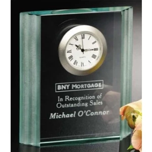 Jade Wave Clock Gallery - Jade Crystal Award With Clock 4" X 4 1/2" X 3/4"