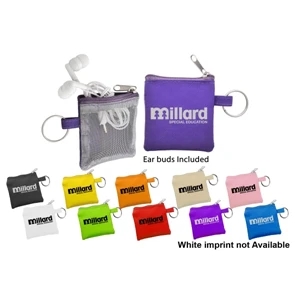 40 Working Days - White Travel Ear Buds In Cloth And Mesh Travel Pouch. Includes Key Ring. 10 Colors