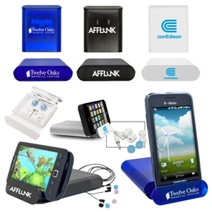 40 Working Days - Plastic Cell Phone Stand With Ear Bud Storage In Slide-out Tray. Includes Ear Buds