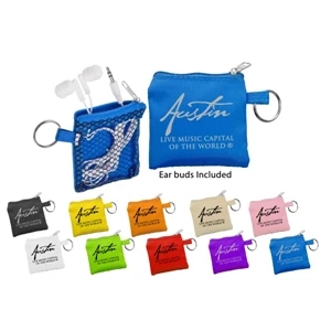 40 Working Days - White Travel Ear Buds In Smooth Fabric & Black Mesh Travel Pouch. Includes Keyring