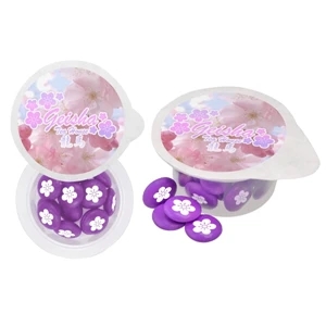 Small, Clear Cup Filled With Printed Chewy Sprees. Full Color Logo On Lid