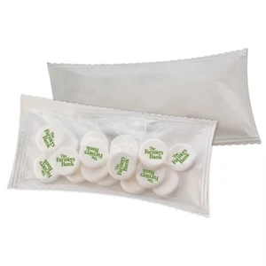 1 Oz. Bag Filled With Printed Candy Coated Chocolate Mints. White And Clear Bag