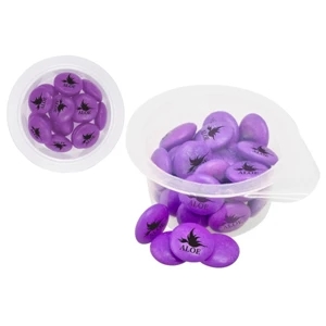 Small Cup Filled With Printed Candy Coated Chocolate Mints. Clear Cup And Lid