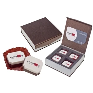 4 Dark And White Fancy Chocolates. Box With Magnetic Closure, Business Card Insert