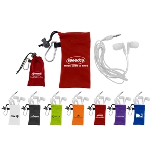 40 Working Days - White Travel Ear Buds In Microfiber Pouch. 7 Pouch Colors