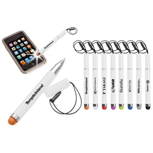 On-the-go - 40 Working Days - White Touch Stylus With Small Lanyard And Hidden Pen. Color Tip. Easy Storage