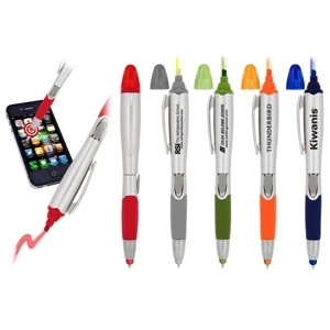 40 Working Days - Stylus, Retractable Ballpoint Pen And Highlighter. Silver Barrel. Color Trim/grip