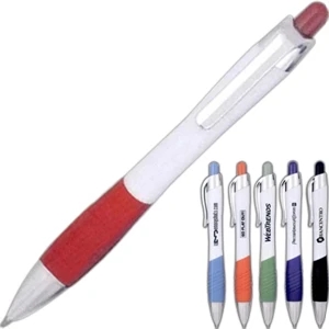 Jacksonville - 40 Working Days - Pen With Curvy, White Body, Color Plunger And Matching Rubber Grip. 6 Accent Colors
