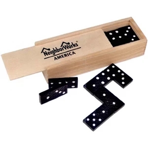 Numpty - 40 Working Days - Domino Set In Travel Case With Sliding Lid. Colors: Tan With Black Dominoes