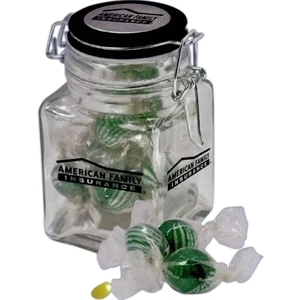 Clear, Square Jar With Metal Clamp Tool Filled With Choice Of Chocolate Mints