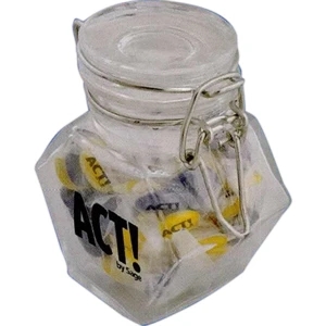 Hexagon-shaped Candy Jar With Locking Clasp And Chewy Sprees. Print On Both