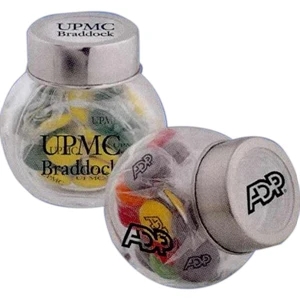 Clear, Glass Jar With Screw Top And Chewy Sprees. Imprint On Candy And Jar