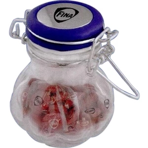 Glass Genie Jar With Blue, Metal Clamp Lid And Chewy Sprees. Imprint On Both