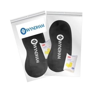 Black Satin Sleep Mask Set With A Classic Pair Of Ear Plugs In A Resealable Bag