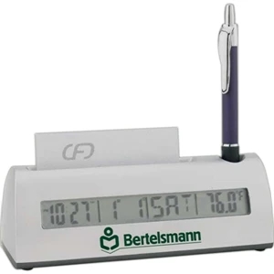 Clock Displays Time, Date, Day, Temperature With A Business Card And Pen Holder