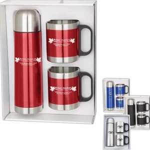 Two Stainless Steel, 10 Oz. Mugs And A 16.5 Oz. Stainless Steel Thermos
