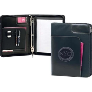 Winn - Simulated Leather 3-ring Zip Portfolio With Black Design On Cover For Contrast Look