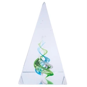 Green And Blue Crystal Pyramid Paperweight; 2 5/8" W X 4 1/4" H X 2 5/8" D