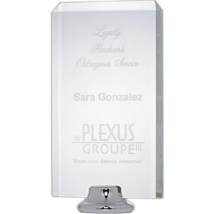 6 7/8" X 4 3/4" X 2 1/4" - Clear Crystal Plaque With Rounded Chrome Metal Plated Stand