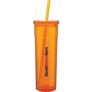 Torino - Tangerine - 16 Oz Acrylic Double Wall Tumbler With Threaded Lid And Matching Straw