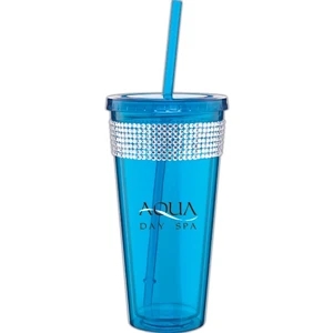 Spirit Ice - Aqua - 20 Oz Acrylic Double Wall Tumbler With Threaded Lid, Matching Straw And Rhinestones