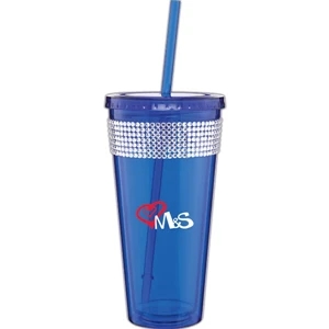 Spirit Ice - Blue - 20 Oz Acrylic Double Wall Tumbler With Threaded Lid, Matching Straw And Rhinestones