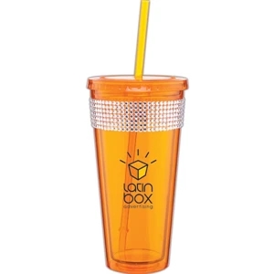Spirit Ice - Tangerine - 20 Oz Acrylic Double Wall Tumbler With Threaded Lid, Matching Straw And Rhinestones