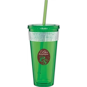 Spirit Ice - Apple - 20 Oz Acrylic Double Wall Tumbler With Threaded Lid, Matching Straw And Rhinestones