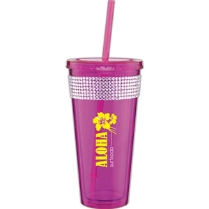 Spirit Ice - Fuchsia - 20 Oz Acrylic Double Wall Tumbler With Threaded Lid, Matching Straw And Rhinestones