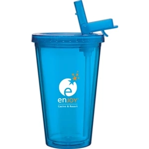 Spirit Sport - Aqua - 16 Oz Acrylic Double Wall Tumbler With Threaded Lid And Flip-up Straw