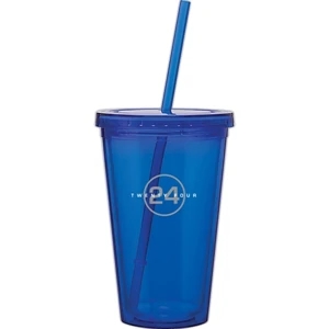 Spirit - Blue - 16 Oz Acrylic Double Wall Tumbler With Threaded Lid And Matching Straw