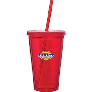 Spirit - Red - 16 Oz Acrylic Double Wall Tumbler With Threaded Lid And Matching Straw