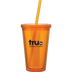 Spirit - Tangerine - 16 Oz Acrylic Double Wall Tumbler With Threaded Lid And Matching Straw