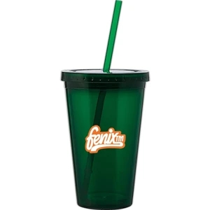 Spirit - Green - 16 Oz Acrylic Double Wall Tumbler With Threaded Lid And Matching Straw