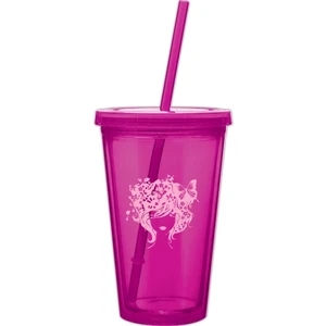 Spirit - Fuchsia - 16 Oz Acrylic Double Wall Tumbler With Threaded Lid And Matching Straw