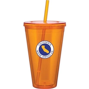 Spirit - Tangerine - 24 Oz Acrylic Double Wall Tumbler With Threaded Lid And Matching Straw