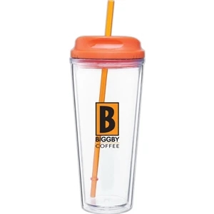 Spirit - Tangerine - 20 Oz Acrylic Double Wall Tumbler With Threaded Lid/straw For Hot Or Cold Beverages